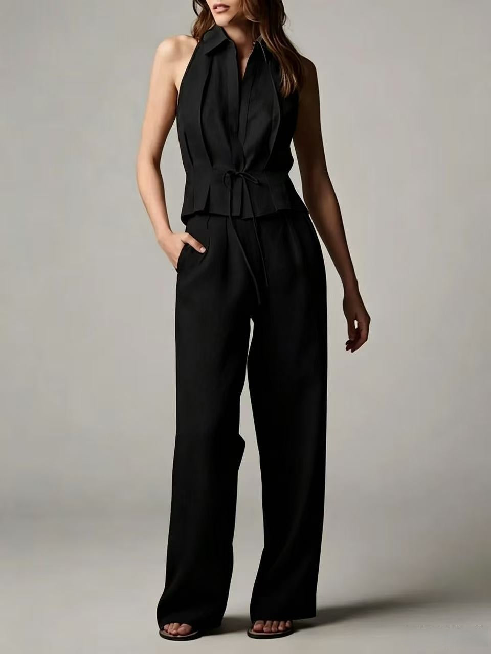 Cotton-linen Sleeveless Lapel Top With A Simple Straight-leg Pants Set by Ricaloux