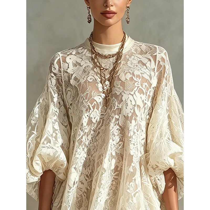 Womens Fashionable Casual Loose-fitting Lace Blouse by Ricaloux