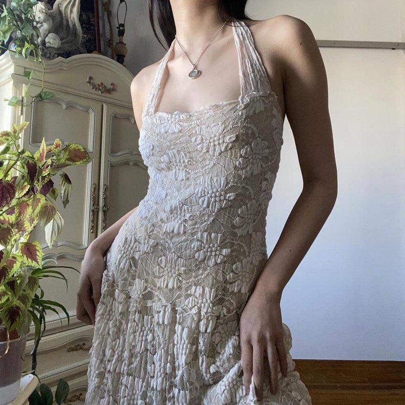Temperament Pure Color Lace Stitching Sleeveless Halter Backless Lace-up Dress - RICALOUX