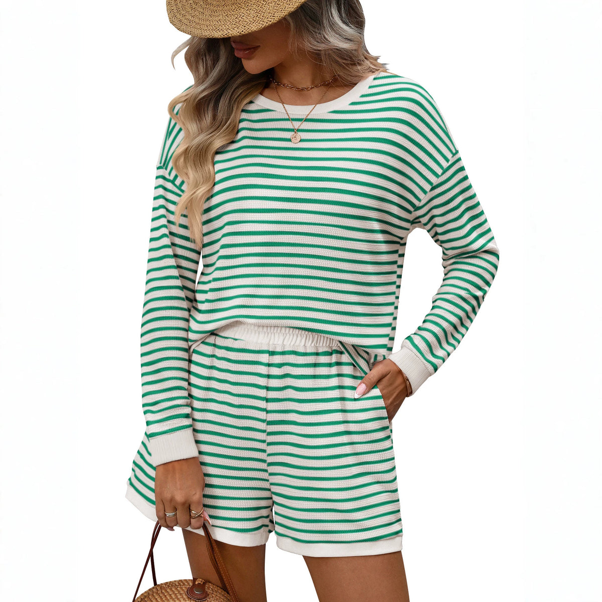 Womens Crew-neck Spliced Long-sleeve Shorts Two-piece Set by Ricaloux