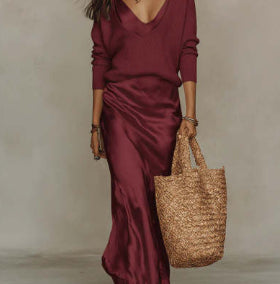Women's Chic Satin Maxi Dress 2 Pieces Sets Sexy Straps Sleeveless Long Sleeve Top Evening Dresses Elegant New Party Street Gown by Ricaloux