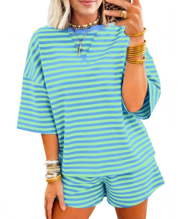 Womens Short-Sleeve Striped Print Two-Piece Set by Ricaloux