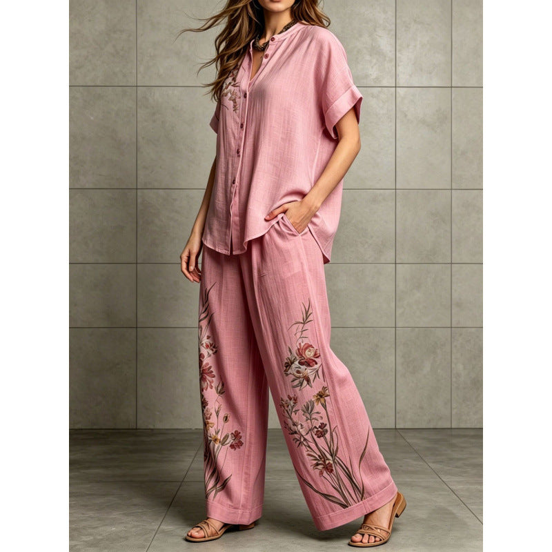Short-sleeve Top And Wide-leg Pants Casual Two-piece Set by Ricaloux