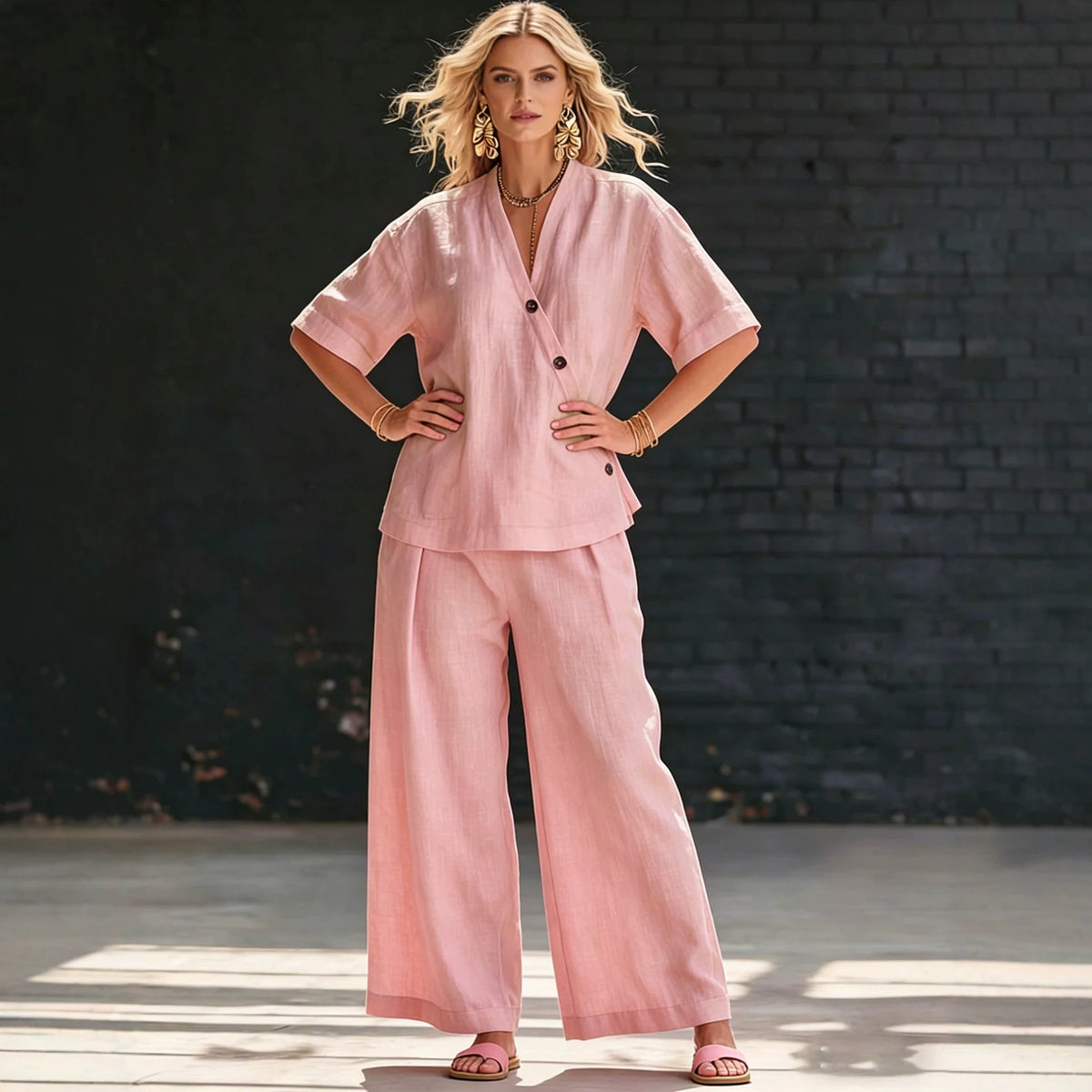 Womens V-neck Short-sleeve T-shirt And High-waisted Trousers Set by Ricaloux