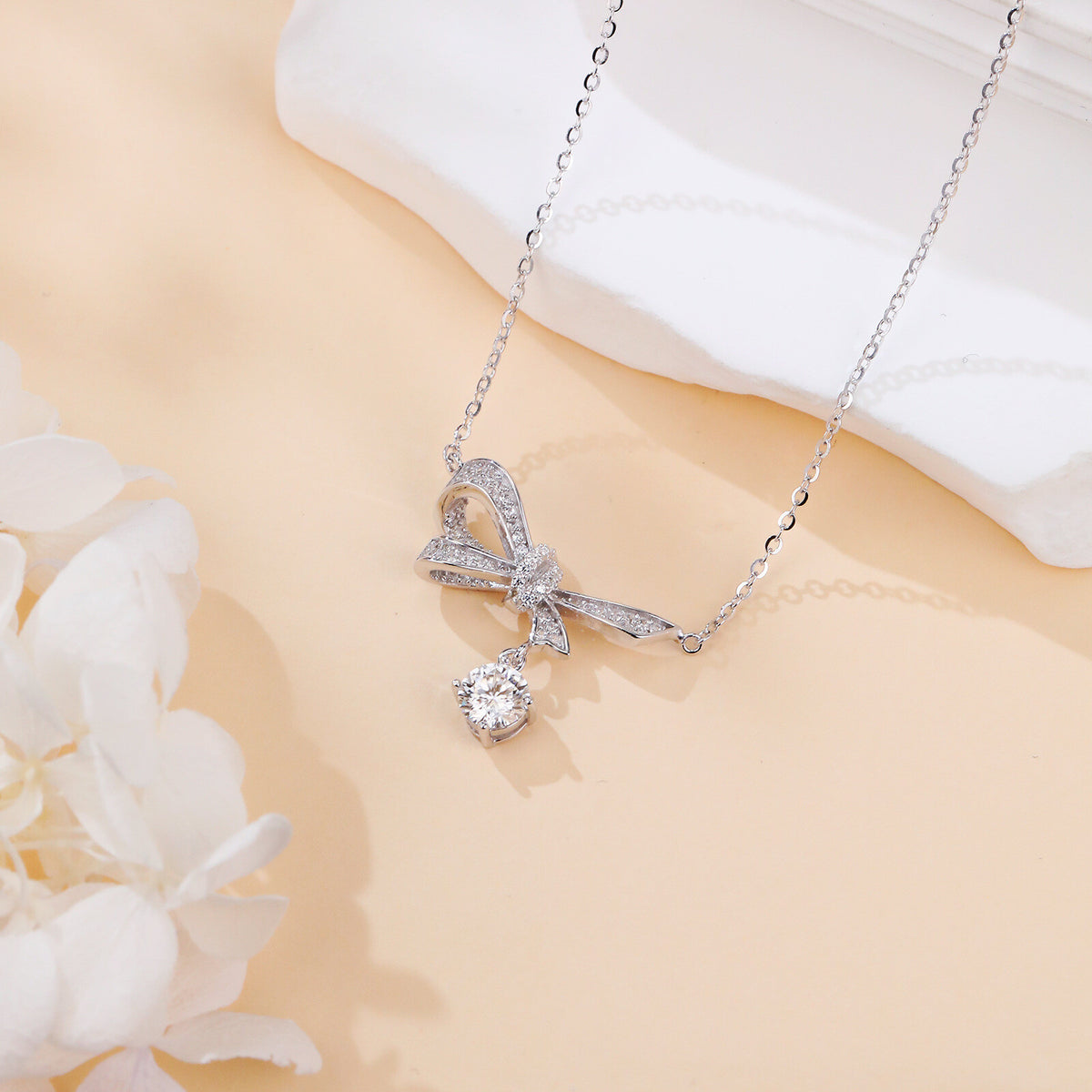 925 Sterling Silver Elegant Silver Bow Necklace With Dangling Moissanite Pendant Sparkling Charm - RICALOUX