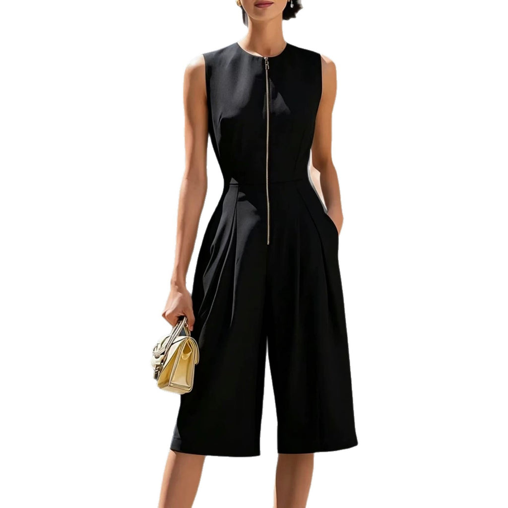 Solid-color Zip-front Crew-neck Sleeveless Wide-leg Jumpsuit – Premium 0 | RICALOUX