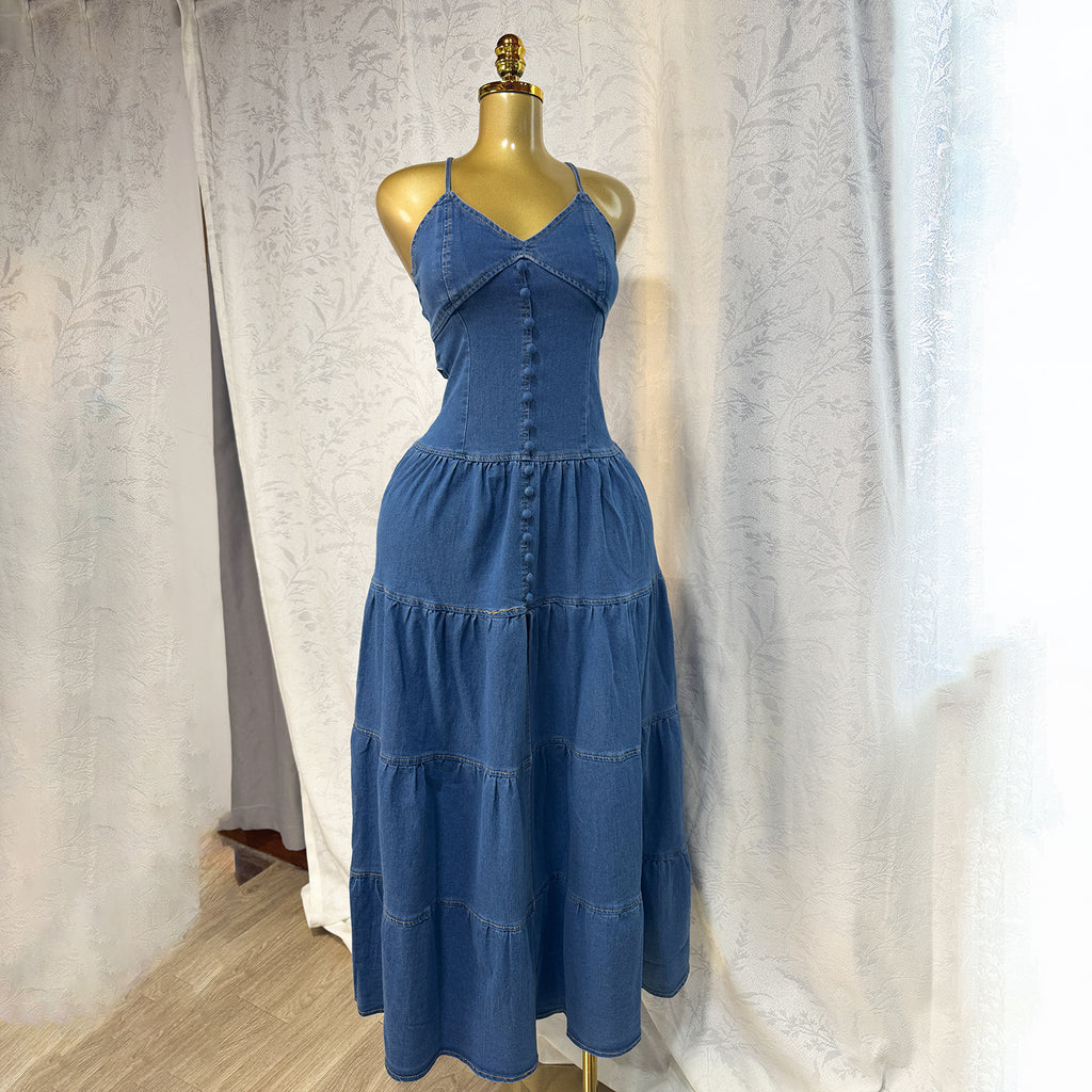 Fashionable V-neck Strapless Backless Denim Dress With Tie Detailing by Ricaloux