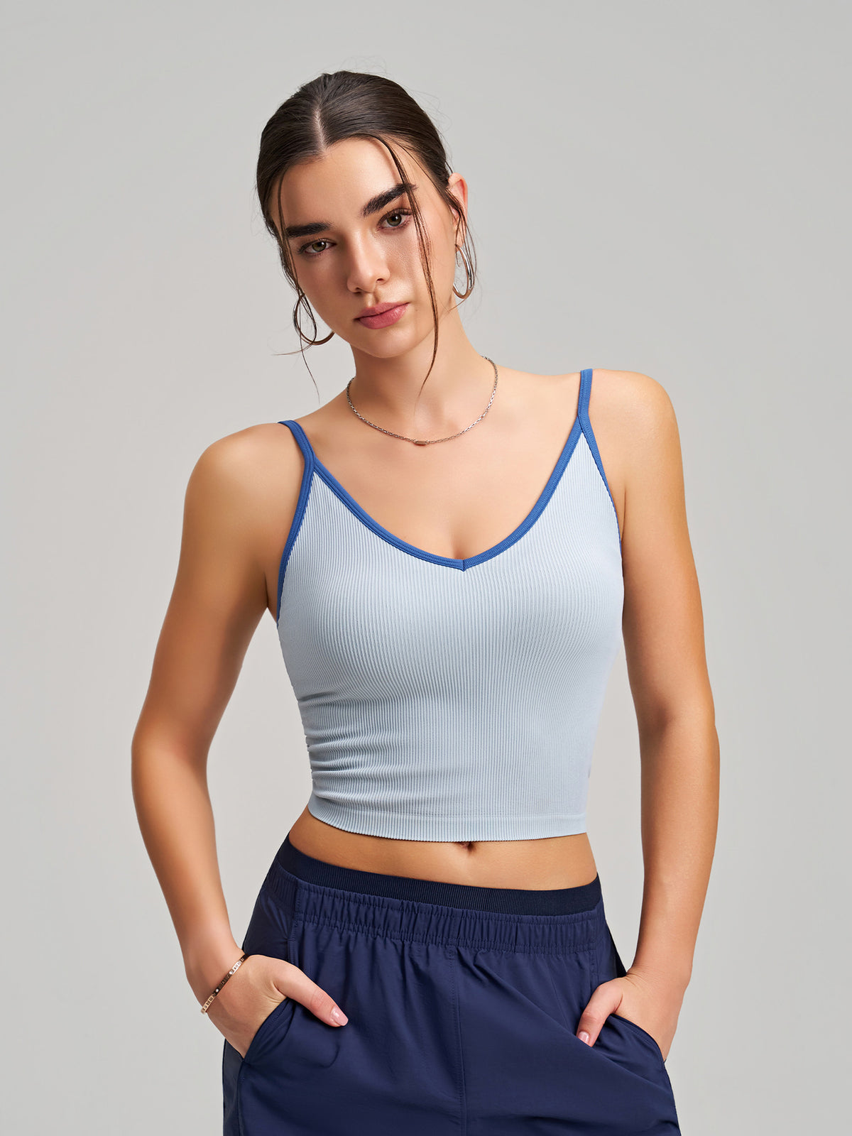 Color-block V-neck Camisole With Built-in Padded Cups, Color-block Straps, Wearable As Outerwear, Sports Tank Top For Pilates And Yoga With Back-flattering Design by Ricaloux