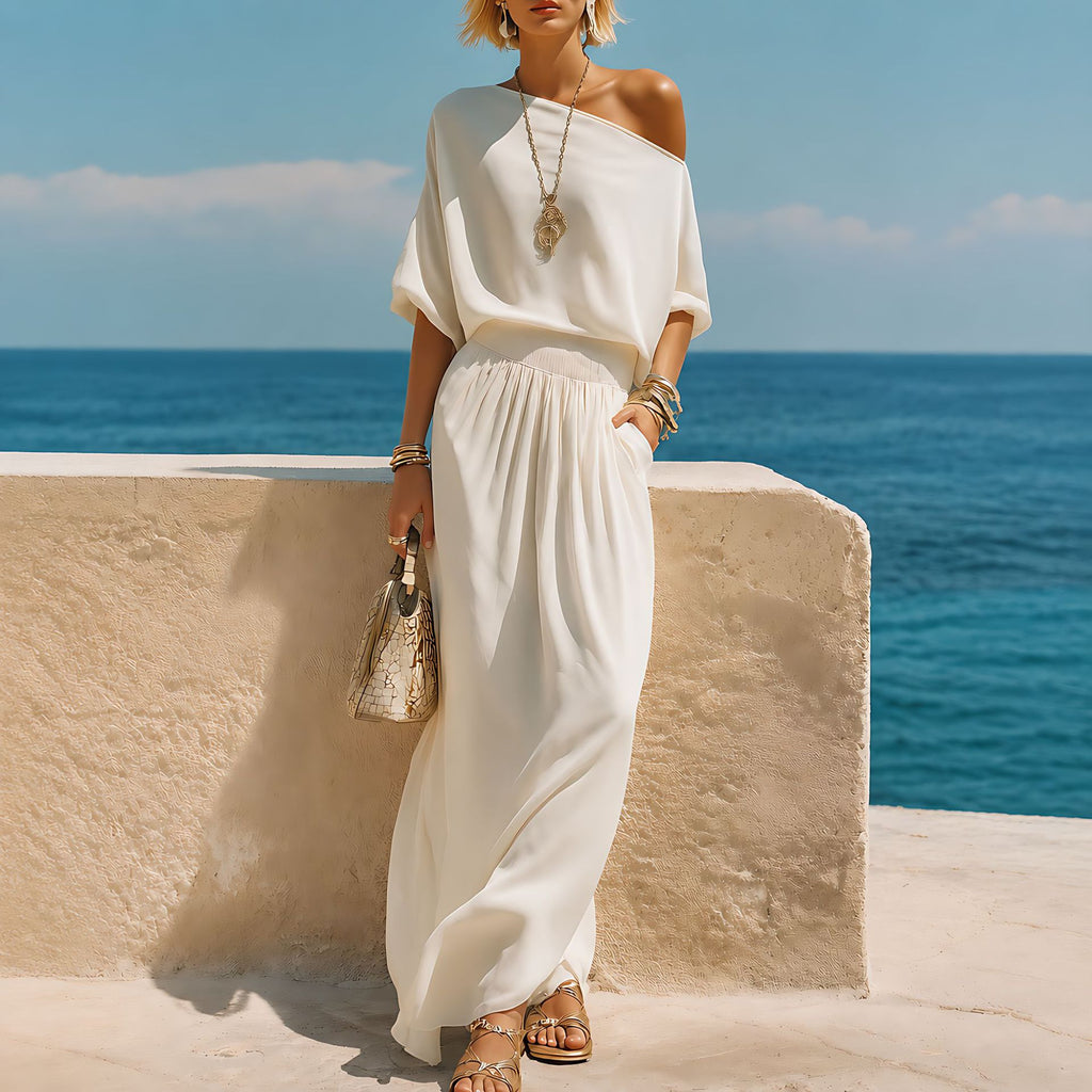 Womens Resort-Style Casual Off-Shoulder Long-Sleeve Top And Elastic-Waist Midi Skirt Set by Ricaloux
