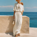Womens Resort-Style Casual Off-Shoulder Long-Sleeve Top And Elastic-Waist Midi Skirt Set by Ricaloux