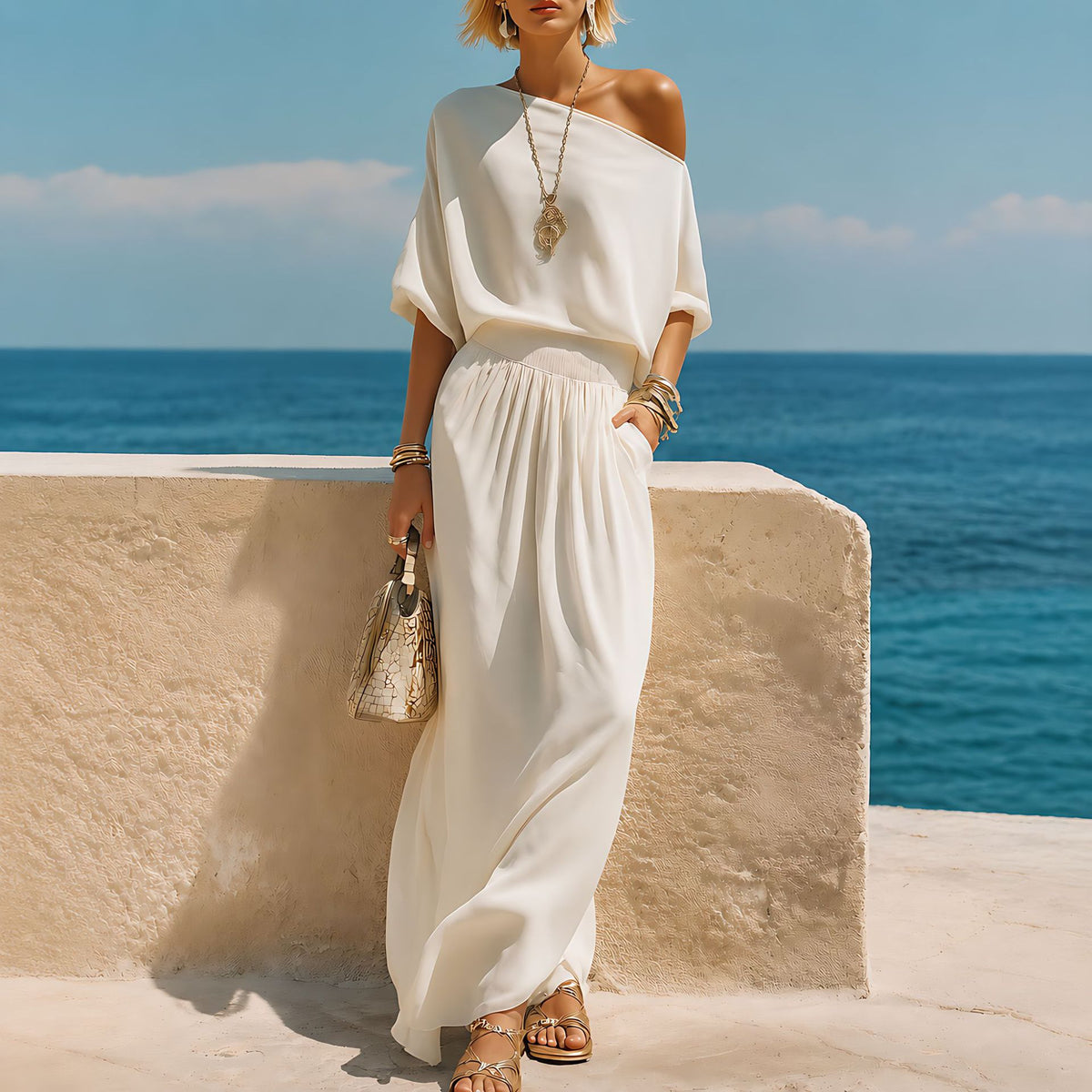 Womens Resort-Style Casual Off-Shoulder Long-Sleeve Top And Elastic-Waist Midi Skirt Set by Ricaloux