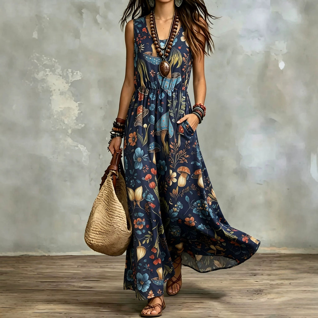 Elegant Sleeveless Printed Long Dress With Pockets by Ricaloux