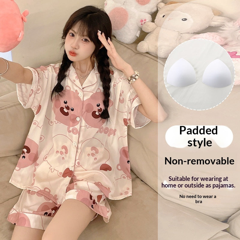 Womens Summer High-End Ice Silk Short-Sleeve Pajama Set 3 Pieces by Ricaloux