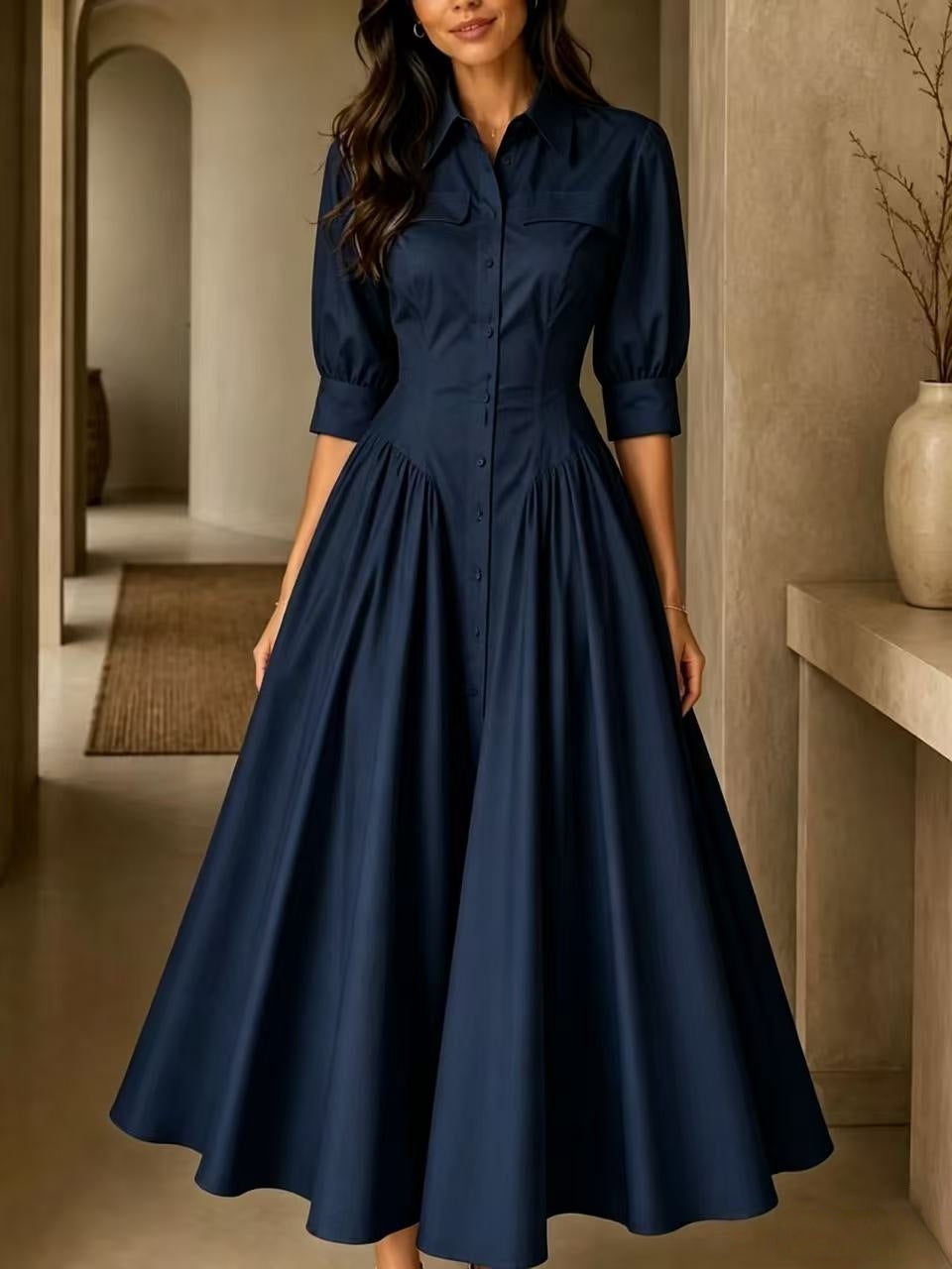 Cotton-linen Blend Single-breasted High-waisted Solid-color Dress by Ricaloux