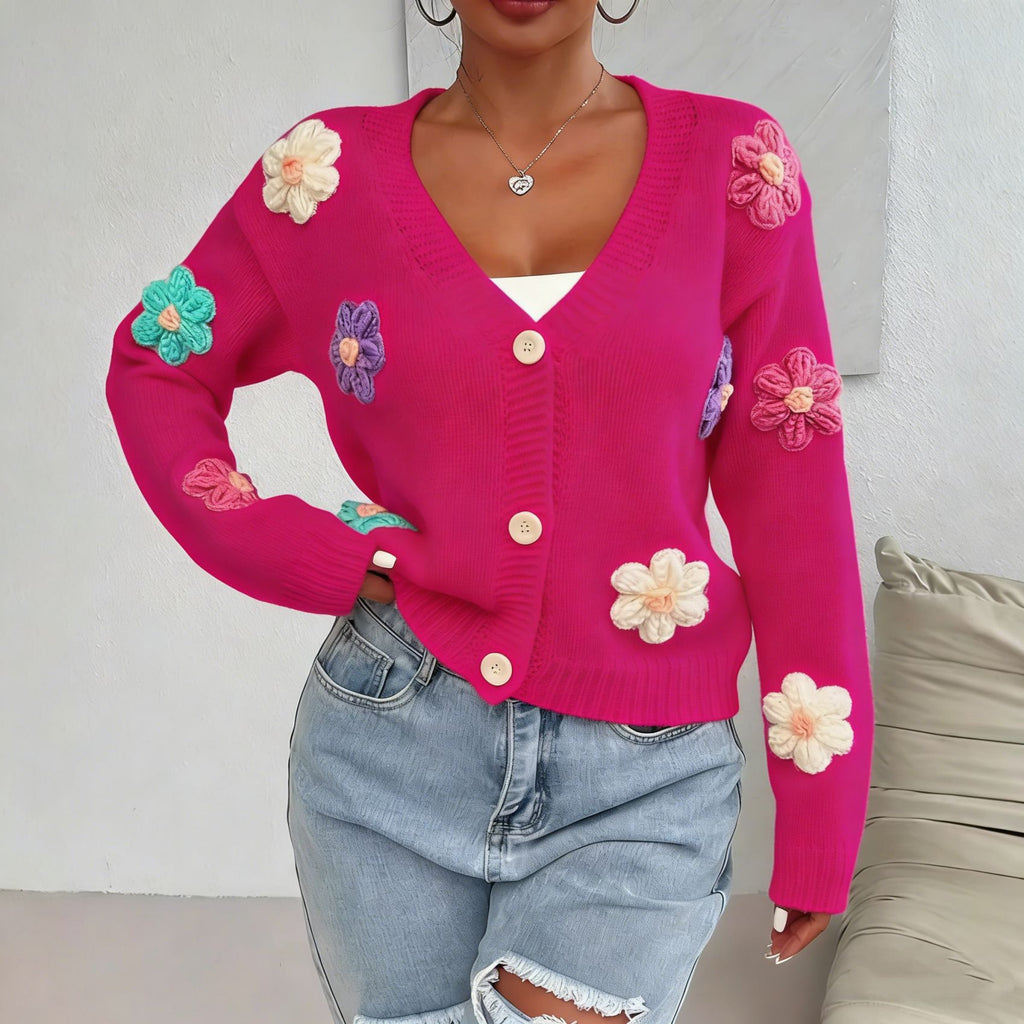 Womens Knitted Cardigan With Three-dimensional Floral Pattern And Hand-embroidered Flowers by Ricaloux