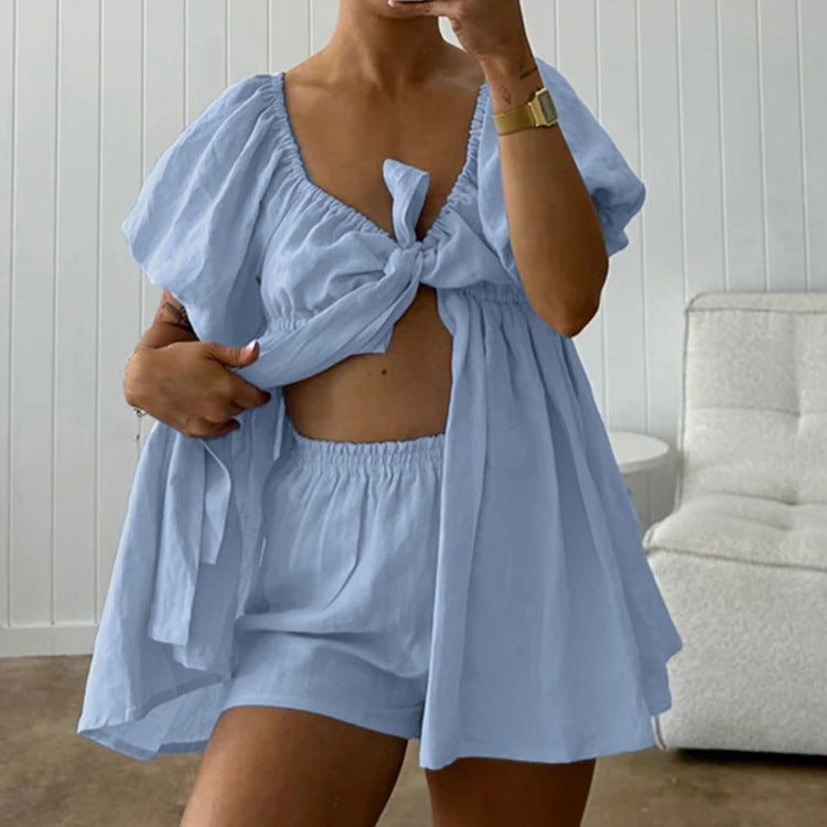 V-neck Puff Sleeve Tie-up Top And Loose Shorts Two-piece Set by Ricaloux