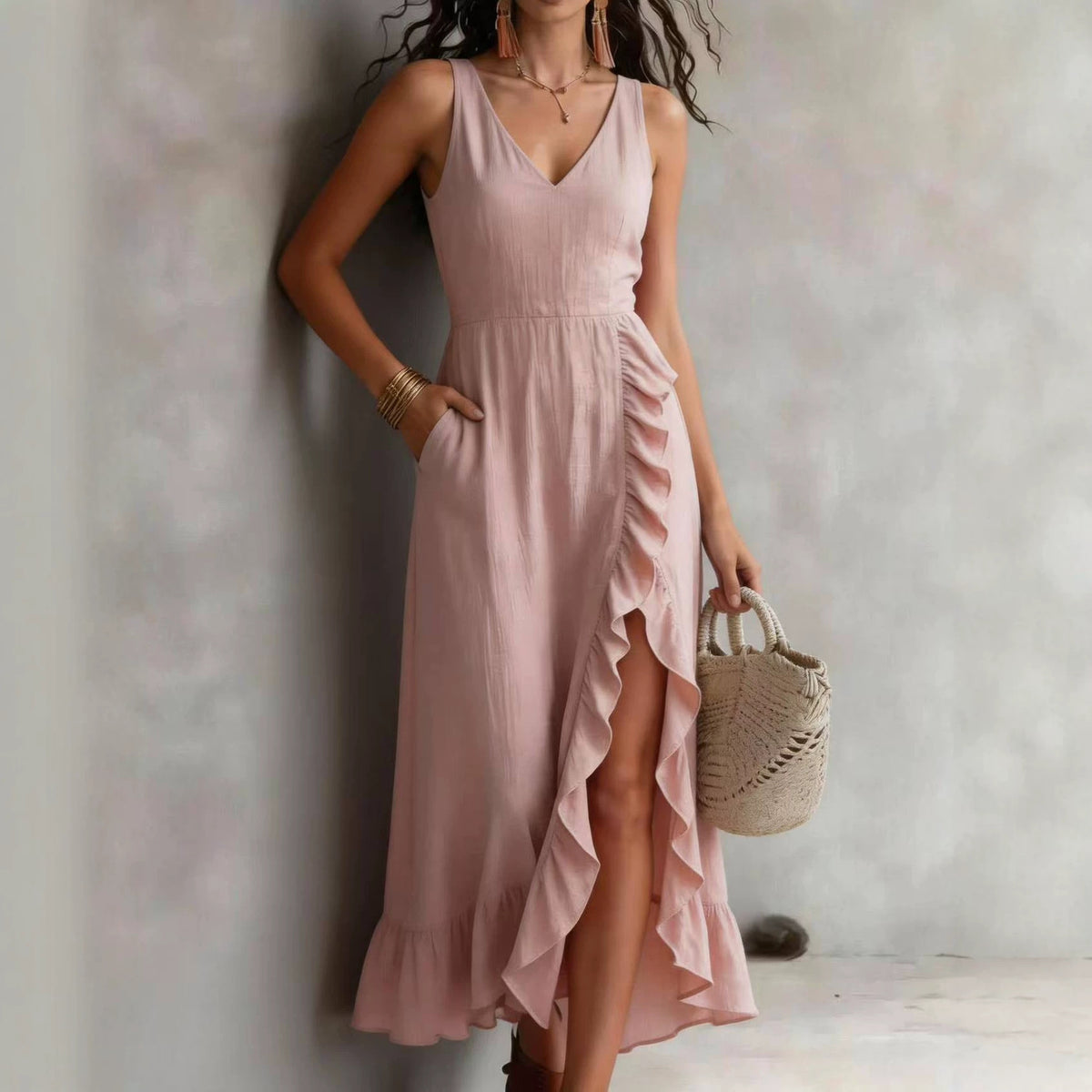 Womens V-neck Sleeveless Flounced Hem Split Dress - RICALOUX