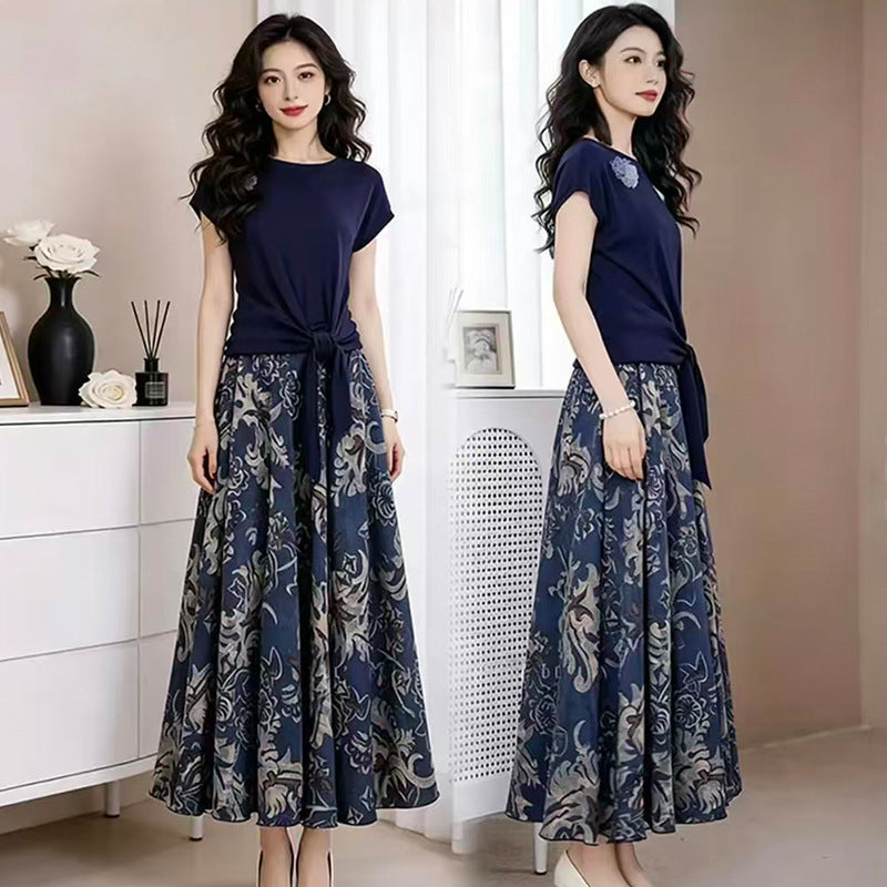 Womens Fashionable Slim-Fit Blue Floral Skirt Set – Premium 0 | RICALOUX