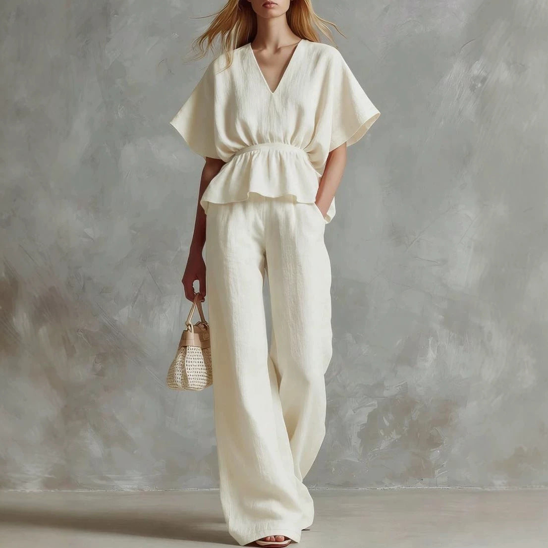 Womens V-neck Cinched-top And Wide-leg Pants Two-piece Set by Ricaloux
