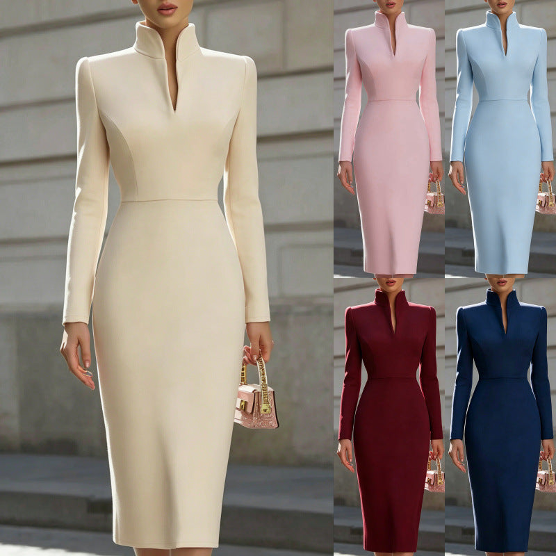 Elegant Solid Color Stand Collar Long Sleeve Dress – Premium 0 | RICALOUX