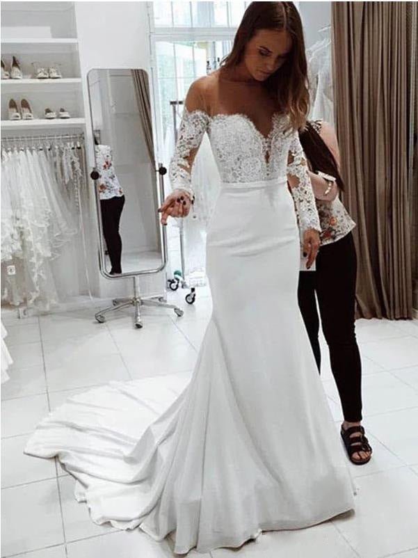 Fashion One Shoulder Lace Long Sleeve Dress Mopping Wedding Dress - RICALOUX