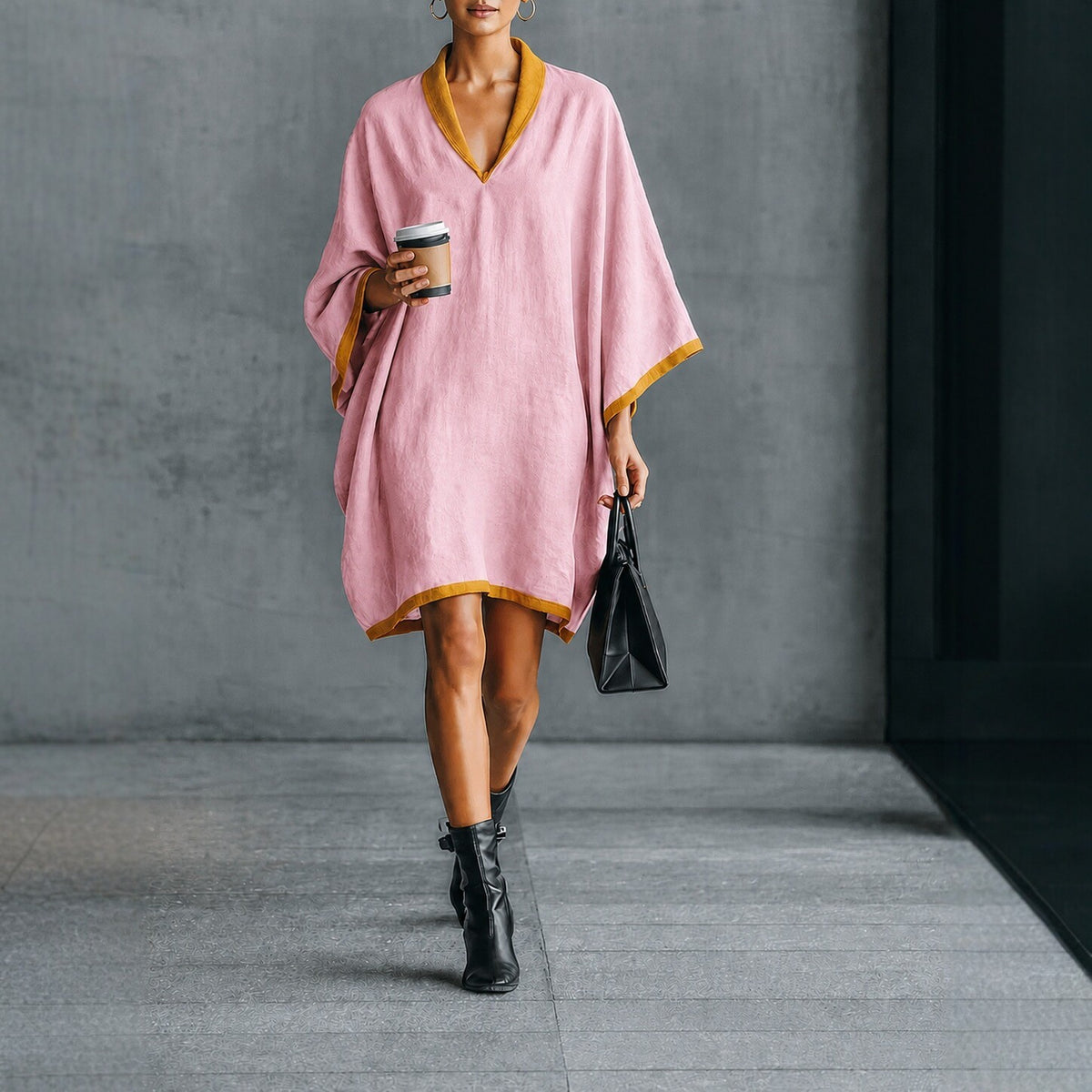 Relaxed-fit Linen-blend V-neck Dress by Ricaloux