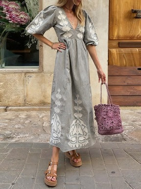 Womens Loose-fitting Casual Dress With Puff Sleeves And A Back-cutout Design by Ricaloux