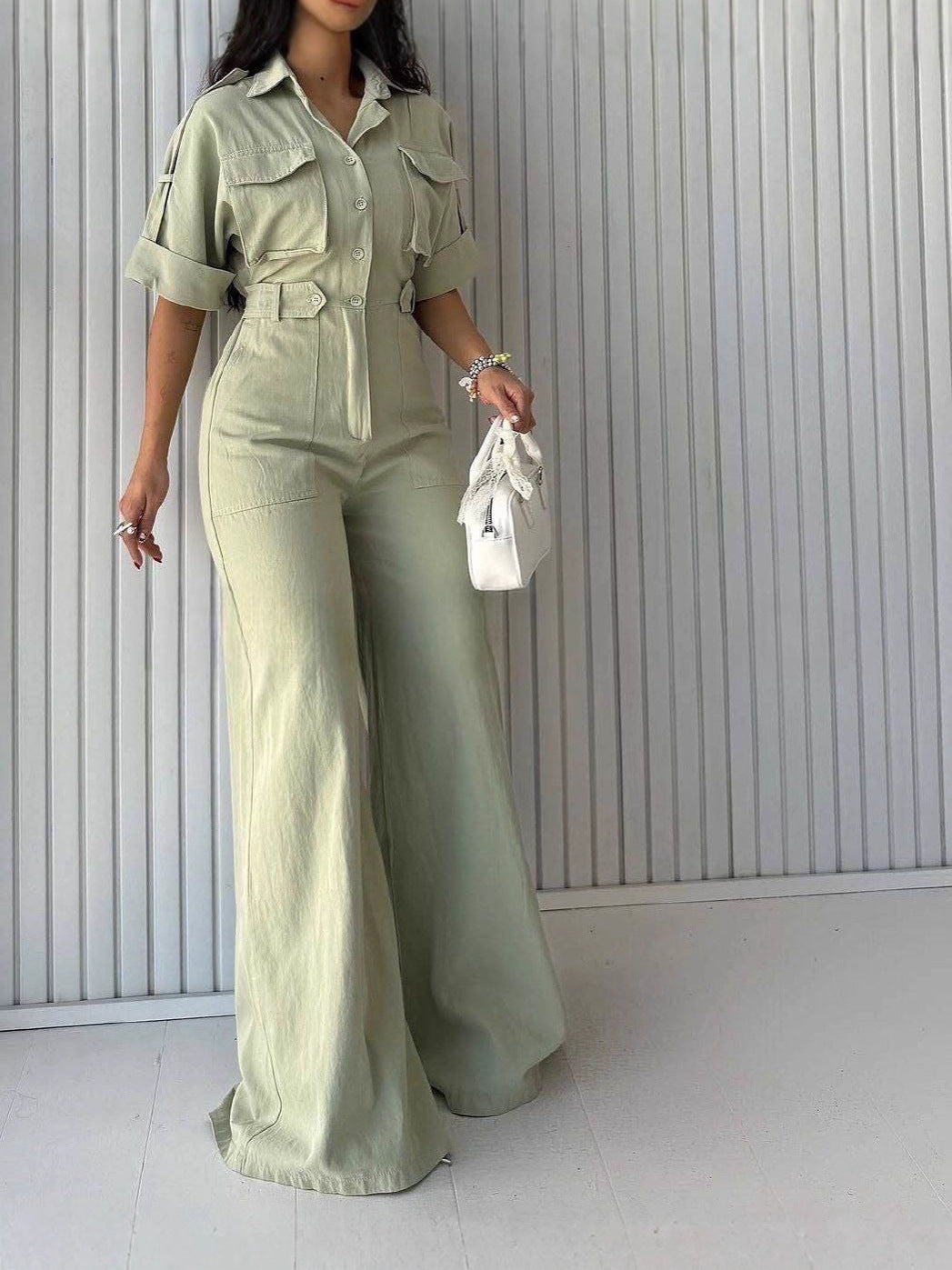 Waist-cinching Figure-flattering Wide-leg Overalls With A Lapel Collar by Ricaloux