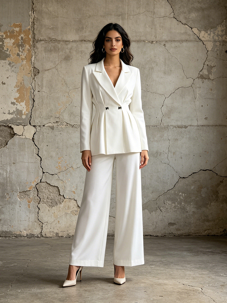 Solid-color Long-sleeve Fitted Blazer & High-waisted Straight-leg Trousers Set by Ricaloux