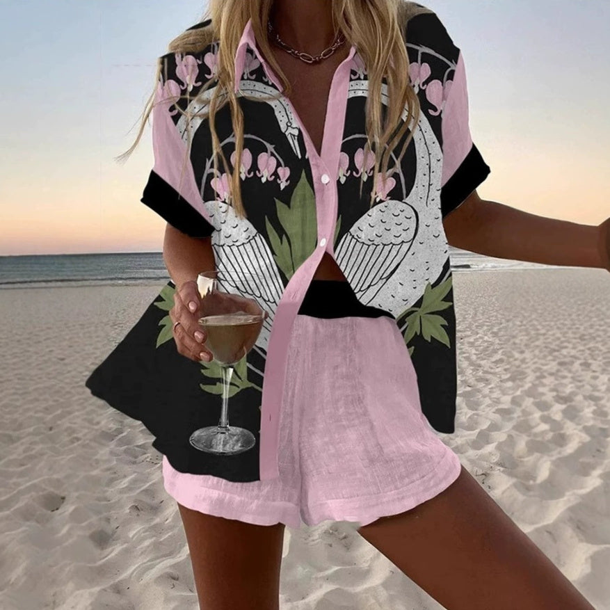 Women's Fashion Printed Casual Vacation Style Cardigan Shorts Suit by Ricaloux