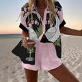 Women's Fashion Printed Casual Vacation Style Cardigan Shorts Suit by Ricaloux