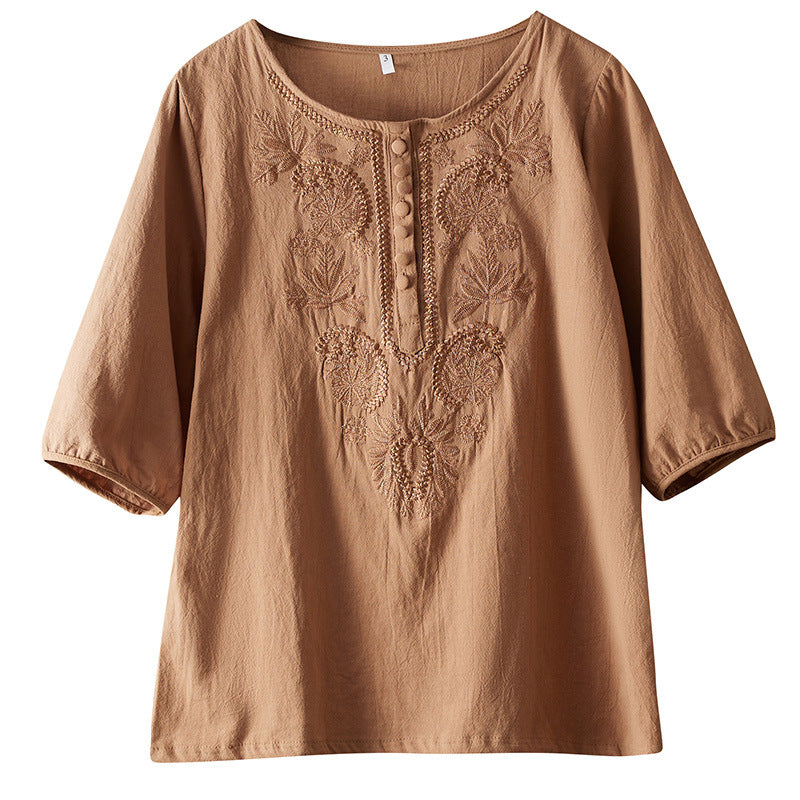 Womens Artistic Solid-Color Embroidered Cotton-Linen Top by Ricaloux