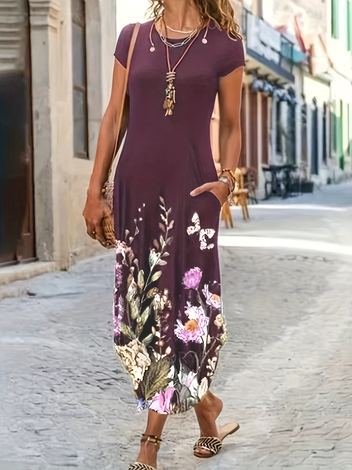 Women's Floral Print Short Sleeve Maxi Dress With Pockets Casual Round Neck Loose Fit Long Dress For Summer by Ricaloux