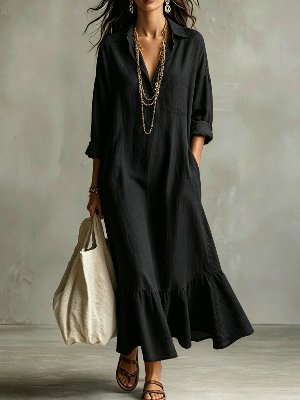 Turn-down Collar Fishtail Casual Loose-fit Figure-flattering Shirt Dress by Ricaloux