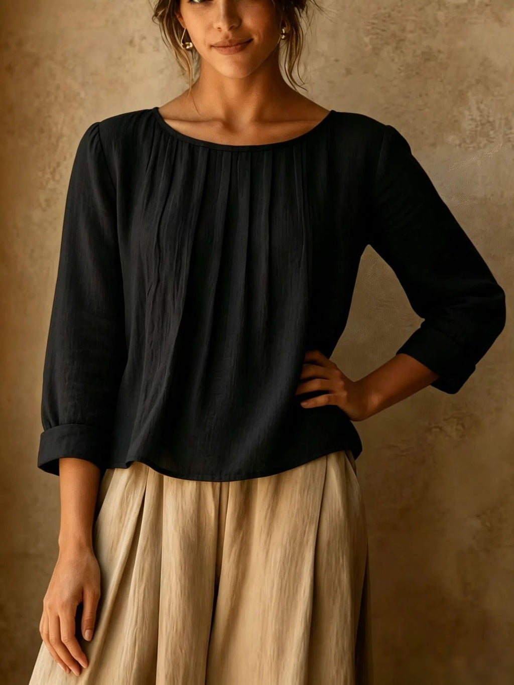 Womens Cotton-linen Top Loose-fit Round-neck Shirt by Ricaloux