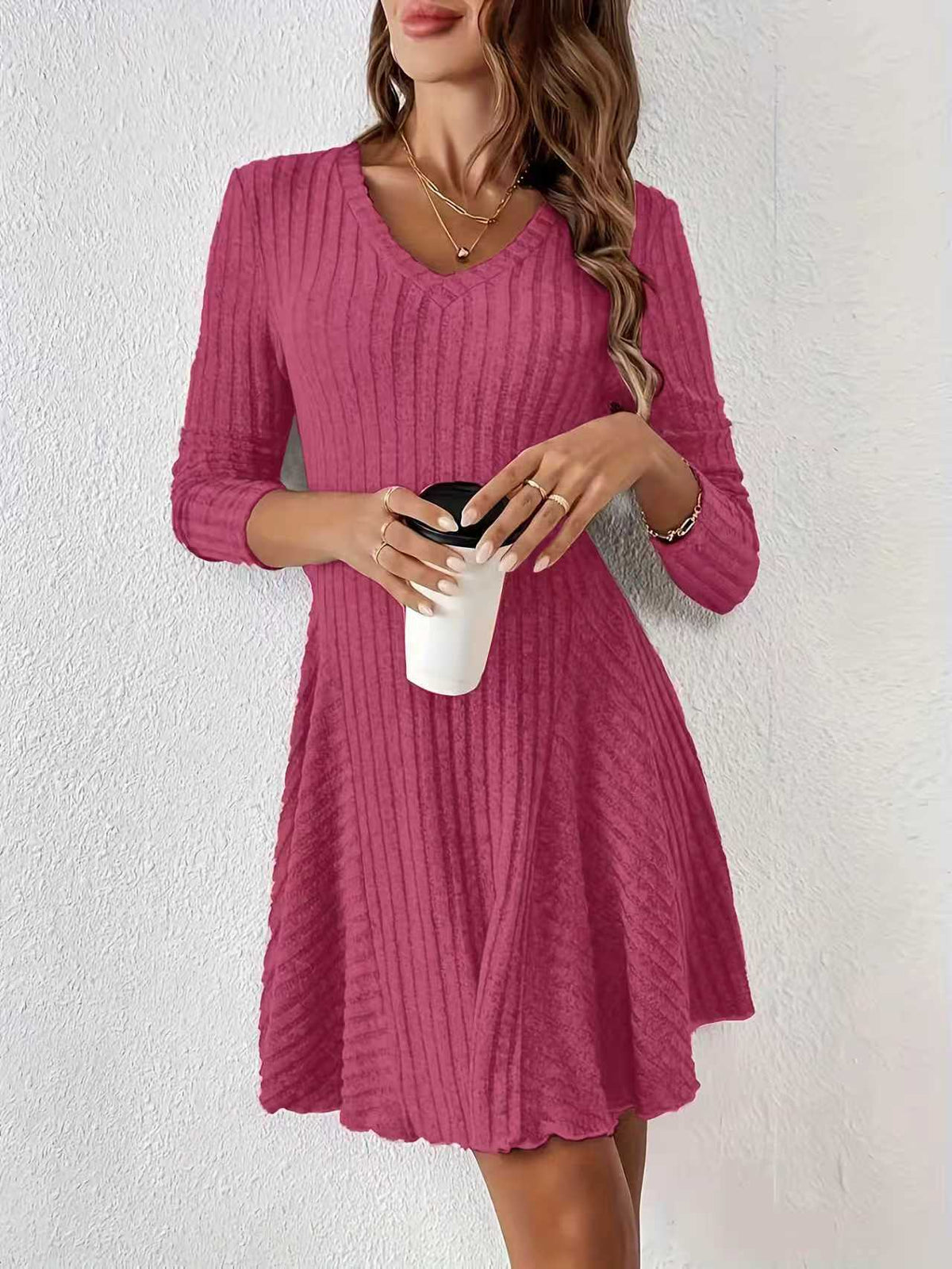 Women's V-Neck Long Sleeve Ribbed Knit Ruffle Hem Mini Dress - Casual Bodycon Flared Swing Dress, Multiple Colors Available by Ricaloux
