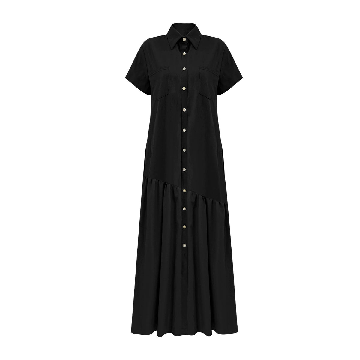 Womens Minimalist Solid-color Lapel Dress With Slanted Ruffled Hem by Ricaloux