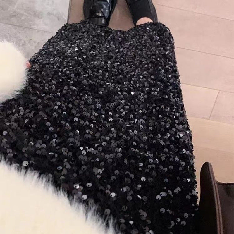 Womens Solid-Color Velvet Sequin Slit Skirt by Ricaloux