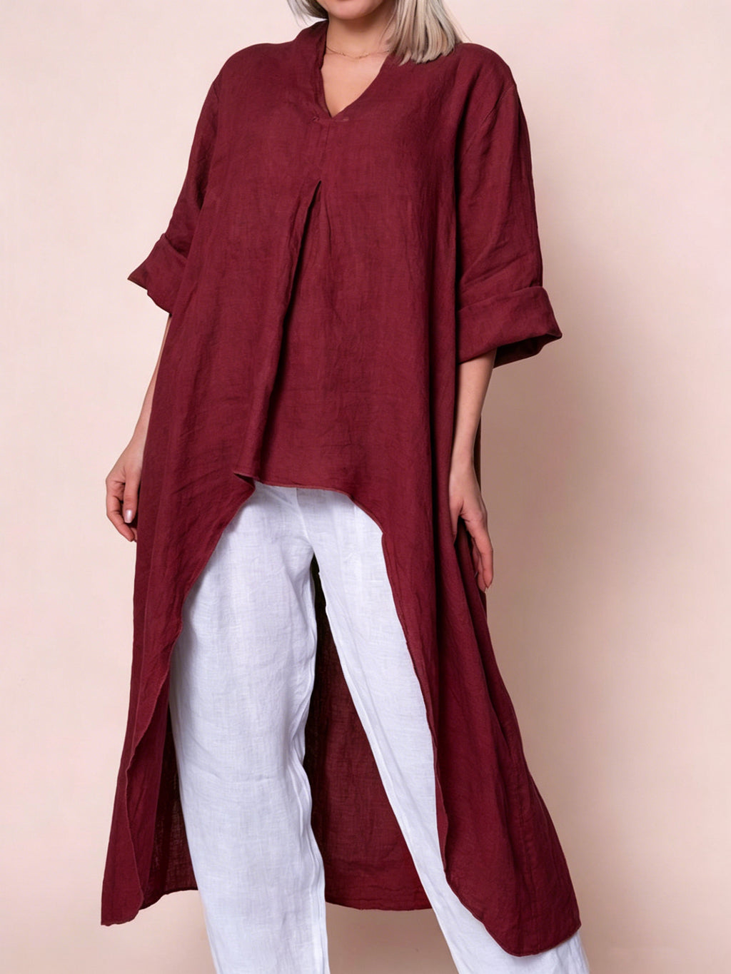 Womens Solid-Color V-Neck Asymmetric Long-Sleeve Shirt – Premium 0 | RICALOUX
