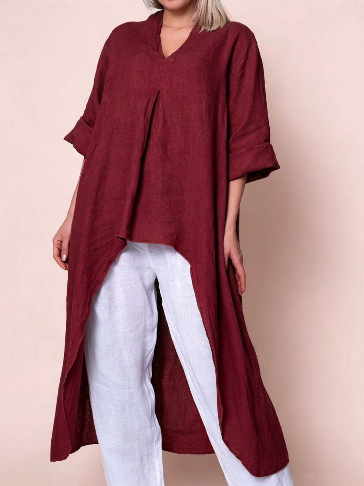 Womens Solid-Color V-Neck Asymmetric Long-Sleeve Shirt – Premium 0 | RICALOUX