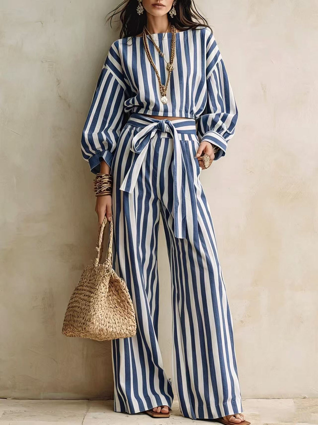 Womens Striped Cropped Top And Casual Lace-up Wide-leg Pants Set by Ricaloux