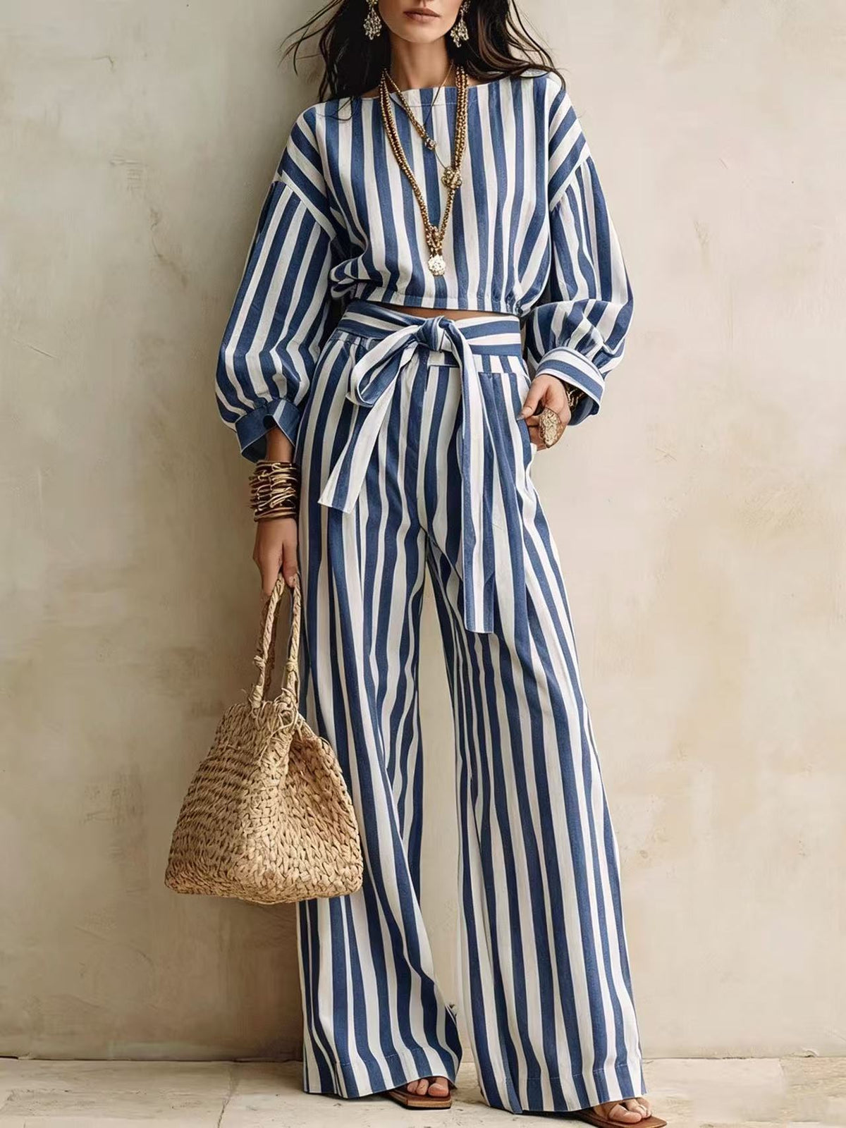 Womens Striped Cropped Top And Casual Lace-up Wide-leg Pants Set by Ricaloux
