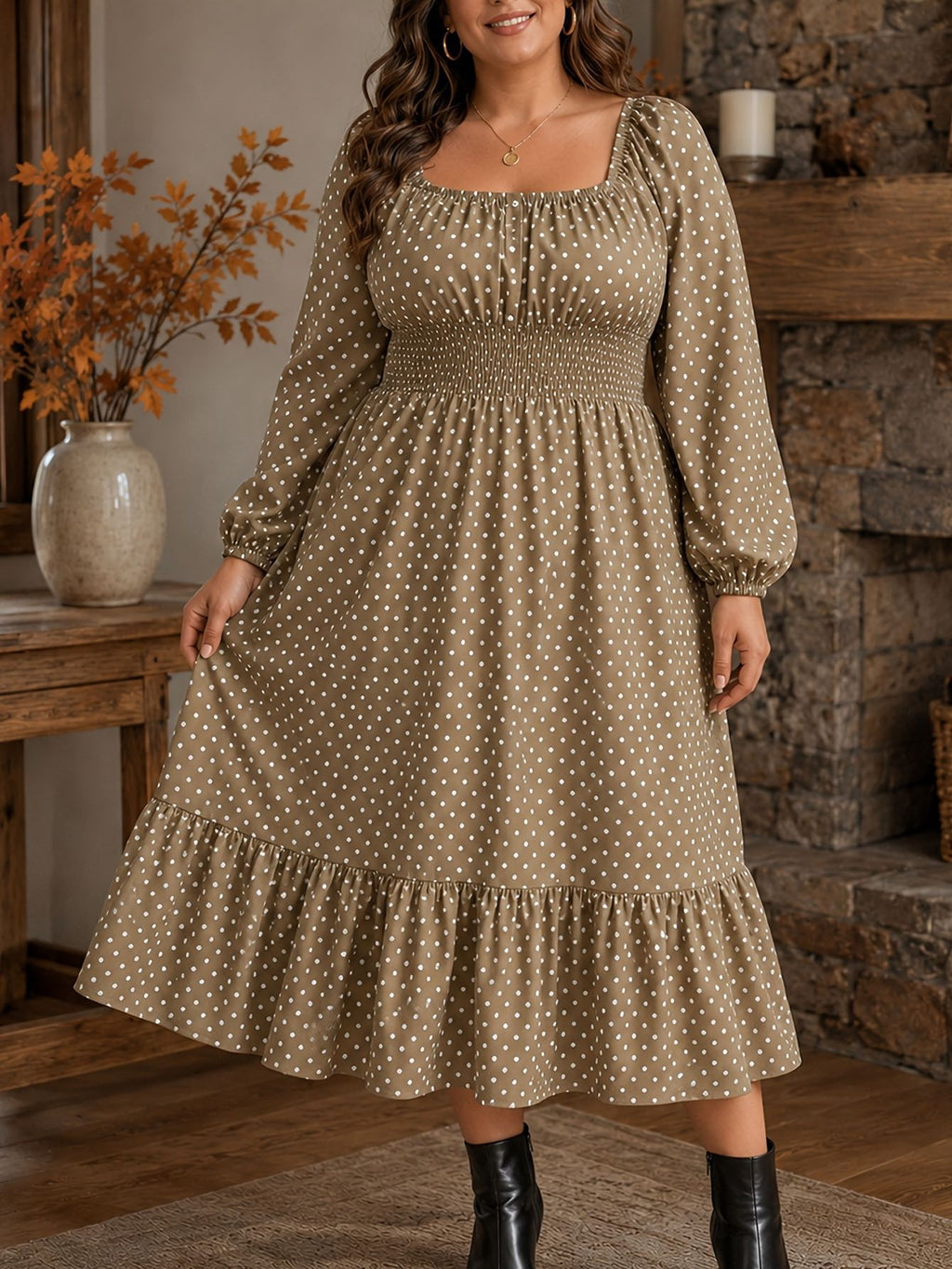 Polka-dot Plus-size Womens Dress Puff-sleeve Boat-neck Dress For Curvy Figures by Ricaloux