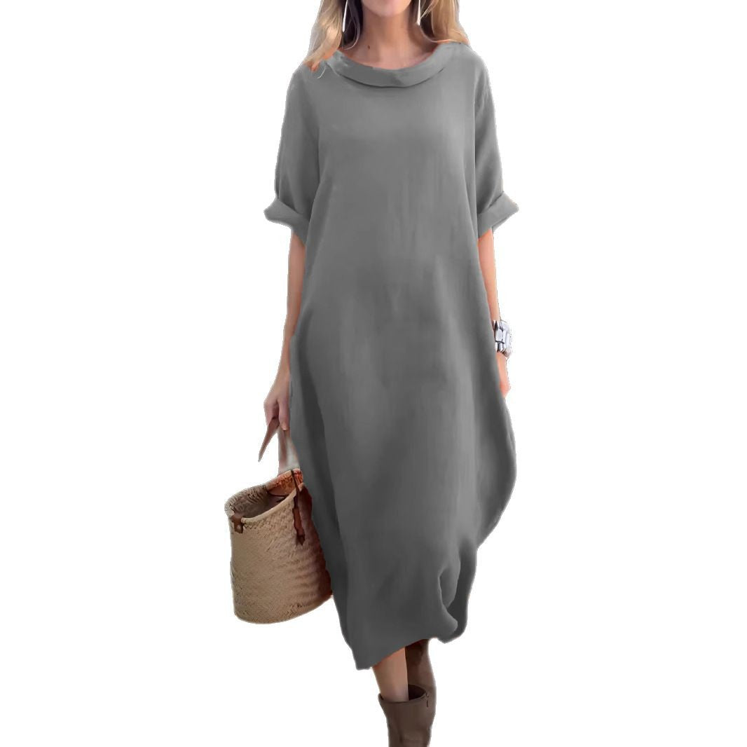 Casual Loose-fitting Round-neck Mid-sleeve Maxi Dress With A Flared Hem – Premium 0 | RICALOUX
