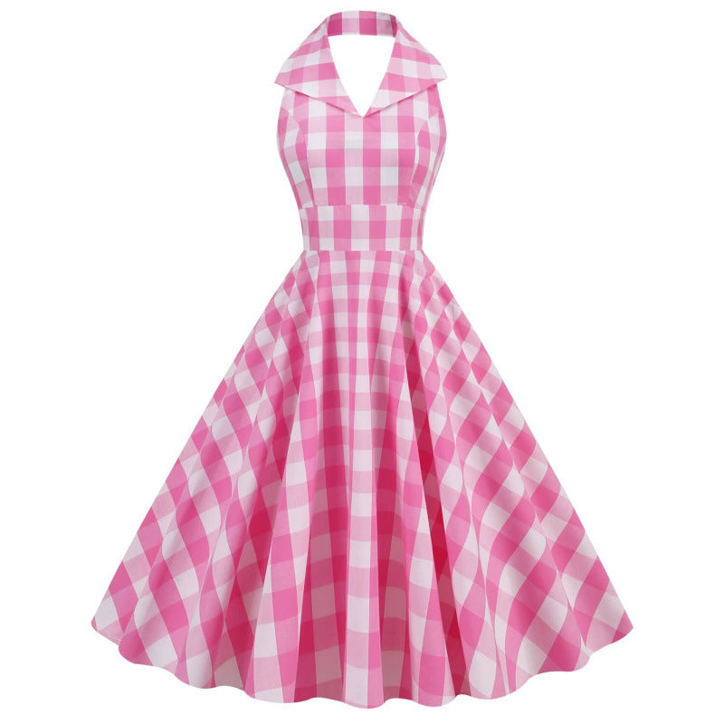 British-style Halter-neck Notched-colla Flared Maxi Dress by Ricaloux