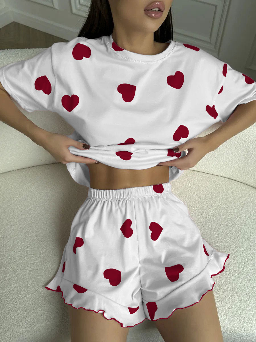 Heart-print Short-sleeve Pajama Set With Shorts by Ricaloux