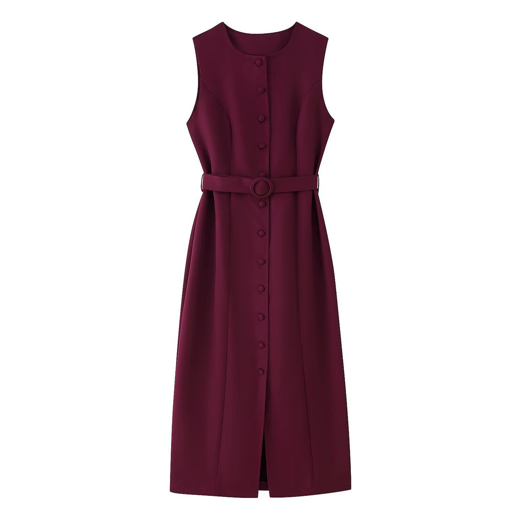 Round-neck Sleeveless Dress With A Belt And Single-breasted Buttons by Ricaloux