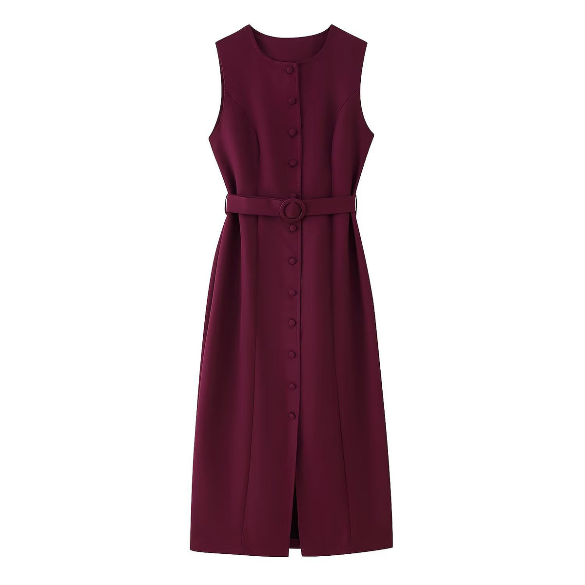 Round-neck Sleeveless Dress With A Belt And Single-breasted Buttons by Ricaloux
