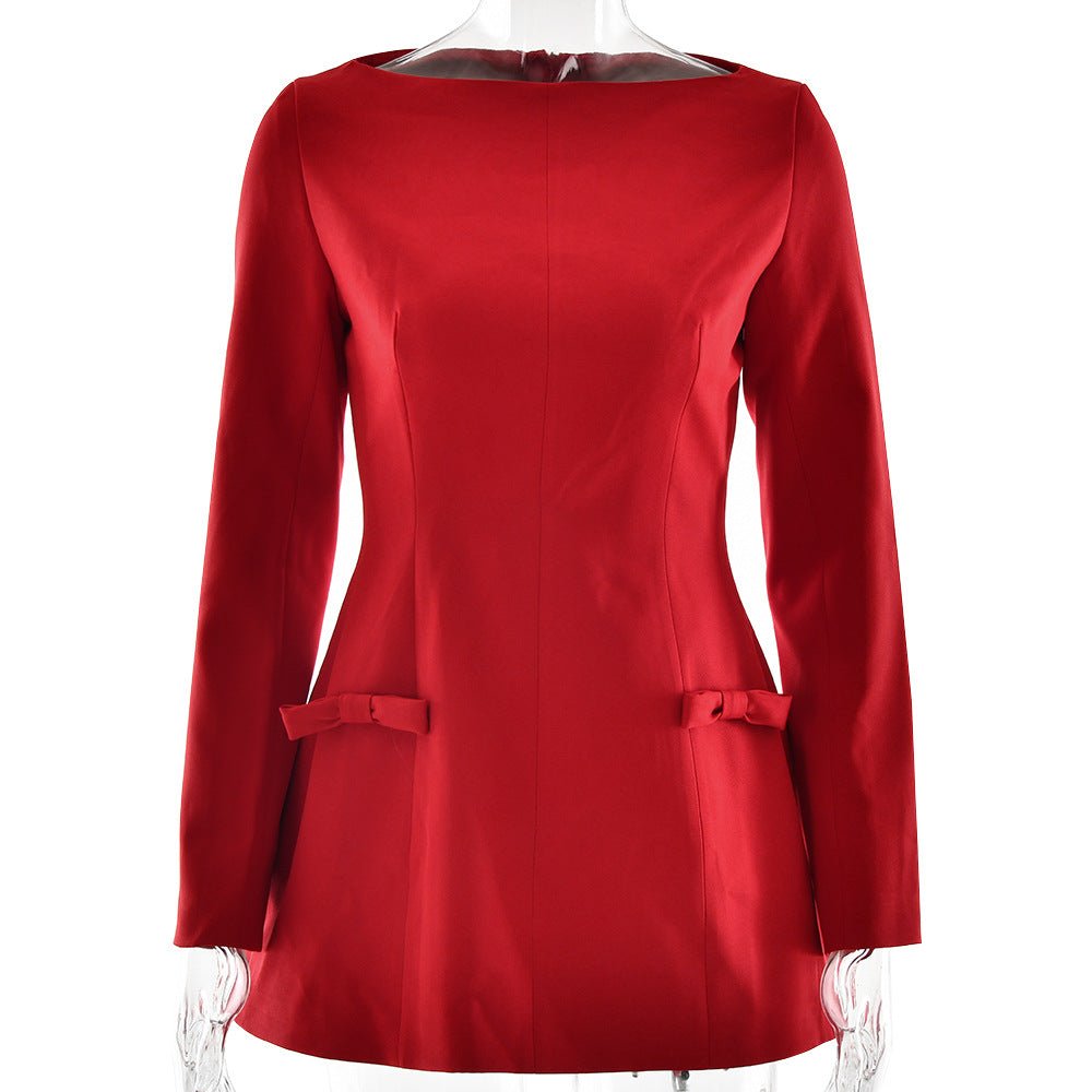 Sexy Elegant Boat Neck Long Sleeve A- Line Bow Dress - RICALOUX