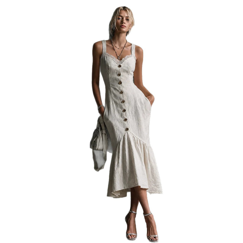 Womens Lace-Trimmed Buttoned Strap Fishtail Long Dress by Ricaloux